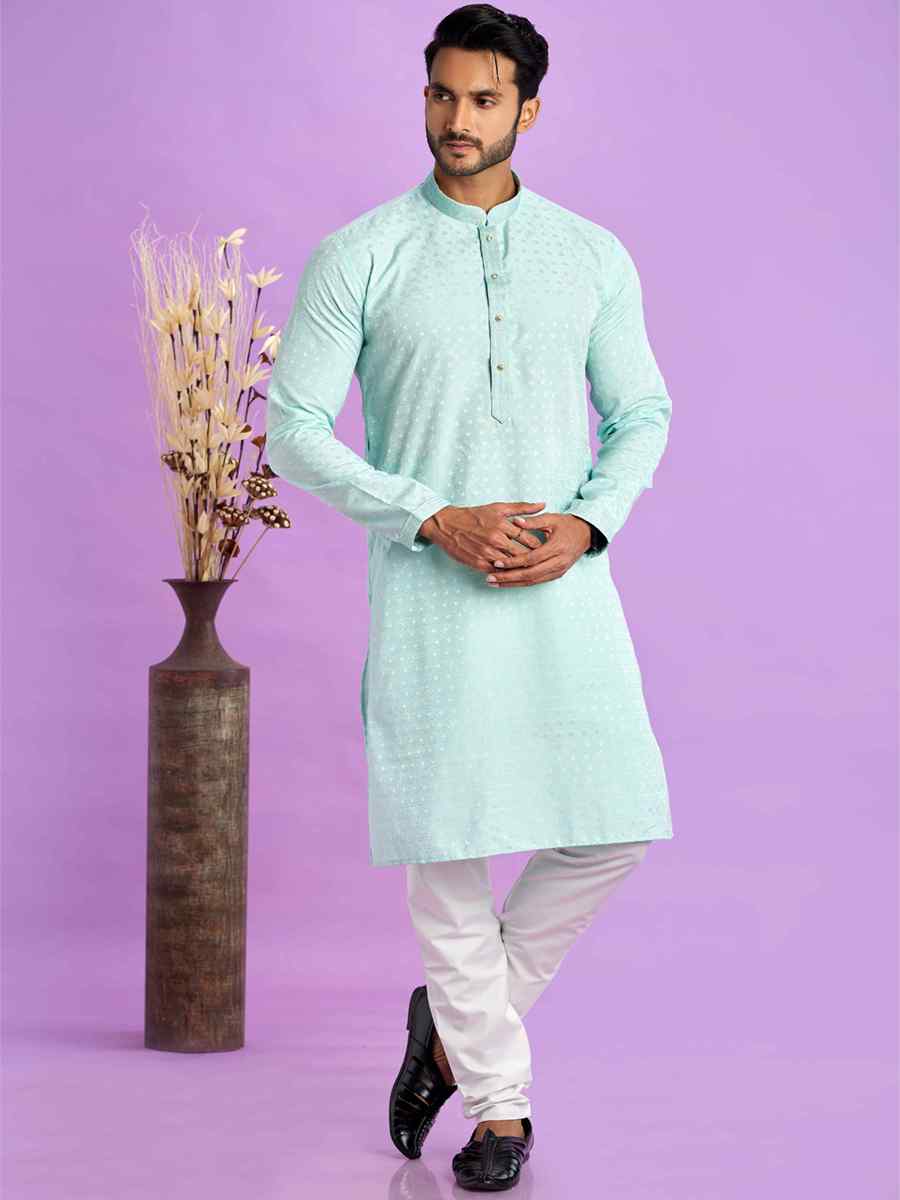 Ice Teal Green Jacquard Art Soft Silk Printed Festival Casual Kurta