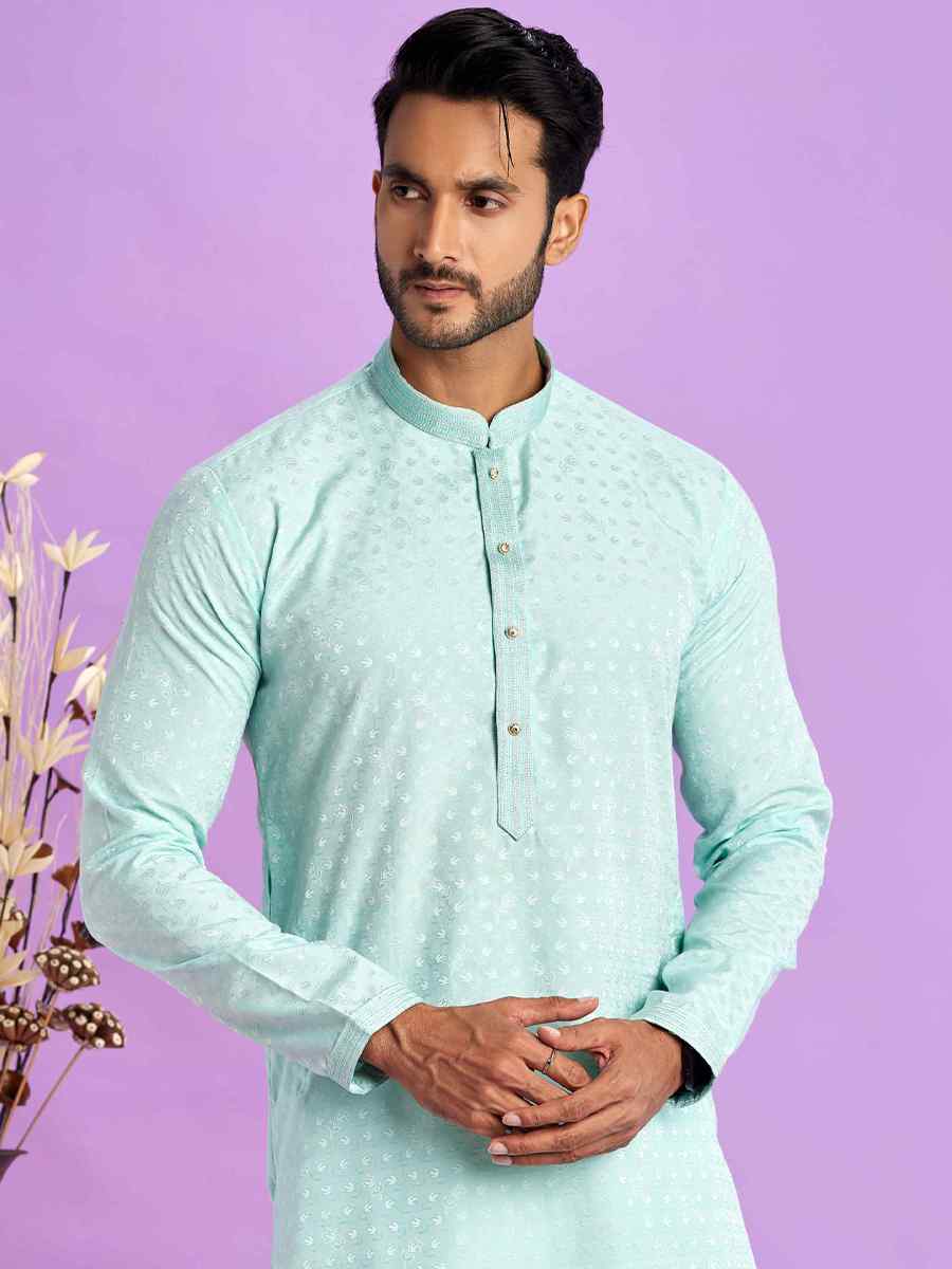 Ice Teal Green Jacquard Art Soft Silk Printed Festival Casual Kurta