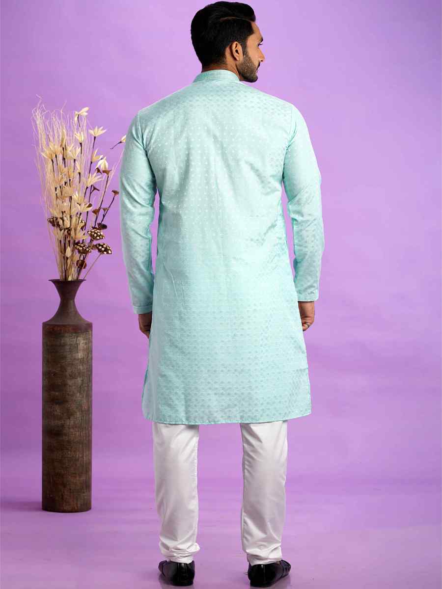 Ice Teal Green Jacquard Art Soft Silk Printed Festival Casual Kurta