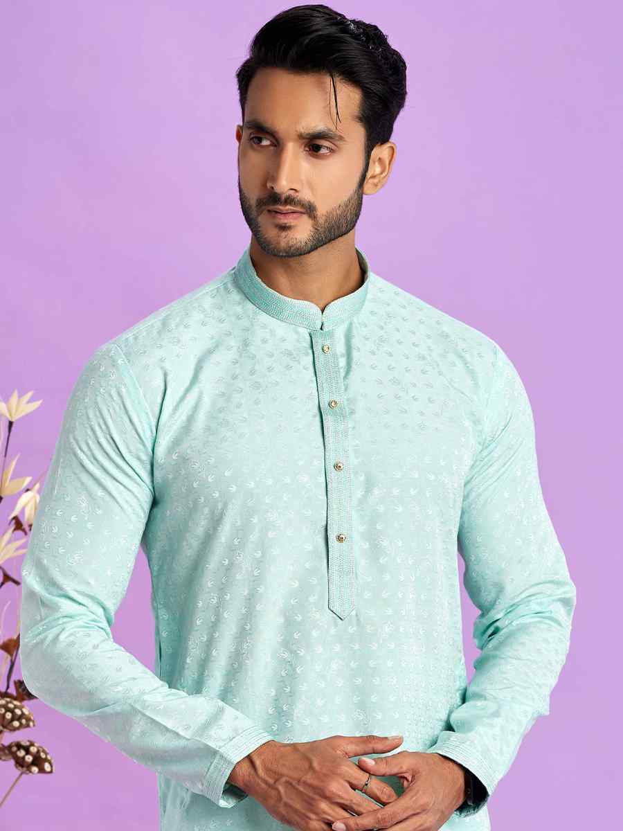 Ice Teal Green Jacquard Art Soft Silk Printed Festival Casual Kurta