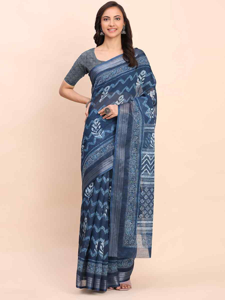 Indigo Blue Linen Cotton Printed Festival Wedding Fancy Heavy Border Saree