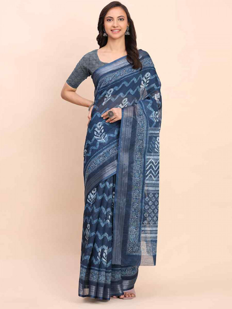 Indigo Blue Linen Cotton Printed Festival Wedding Fancy Heavy Border Saree