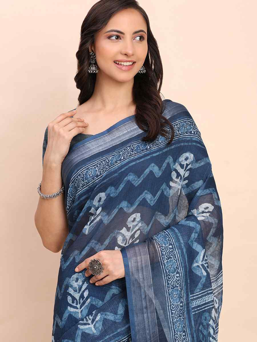 Indigo Blue Linen Cotton Printed Festival Wedding Fancy Heavy Border Saree