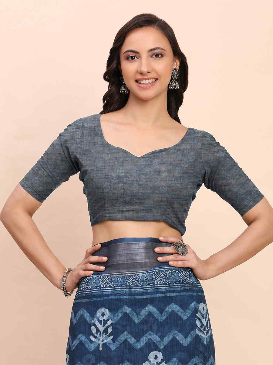 Indigo Blue Linen Cotton Printed Festival Wedding Fancy Heavy Border Saree