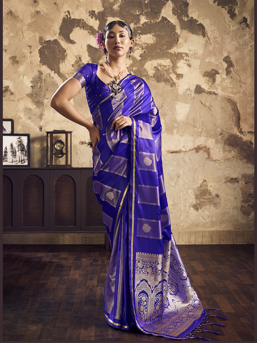 Indigo Blue Pure Satin Handwoven Wedding Reception Party Festival Casual Heavy Border Sarees
