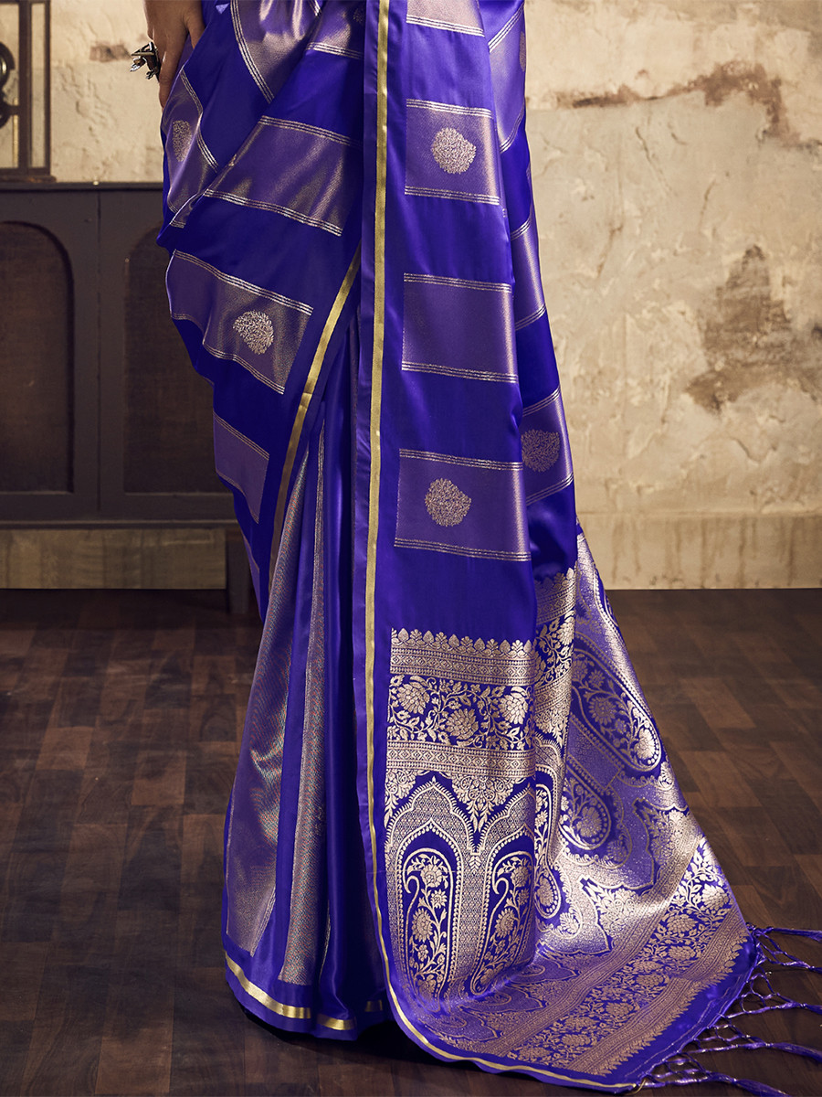 Indigo Blue Pure Satin Handwoven Wedding Reception Party Festival Casual Heavy Border Sarees