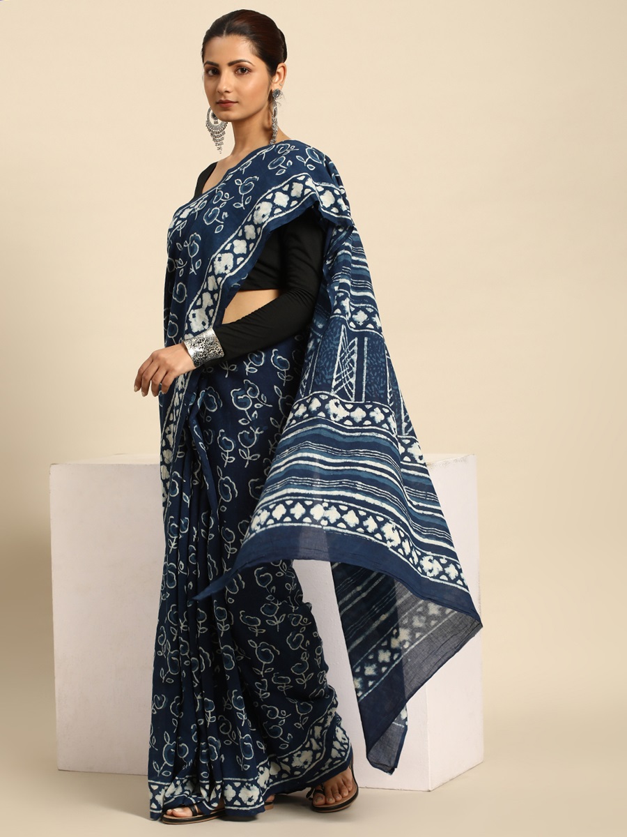 Indigo Cotton Printed Festival Casual Contemporary Sarees