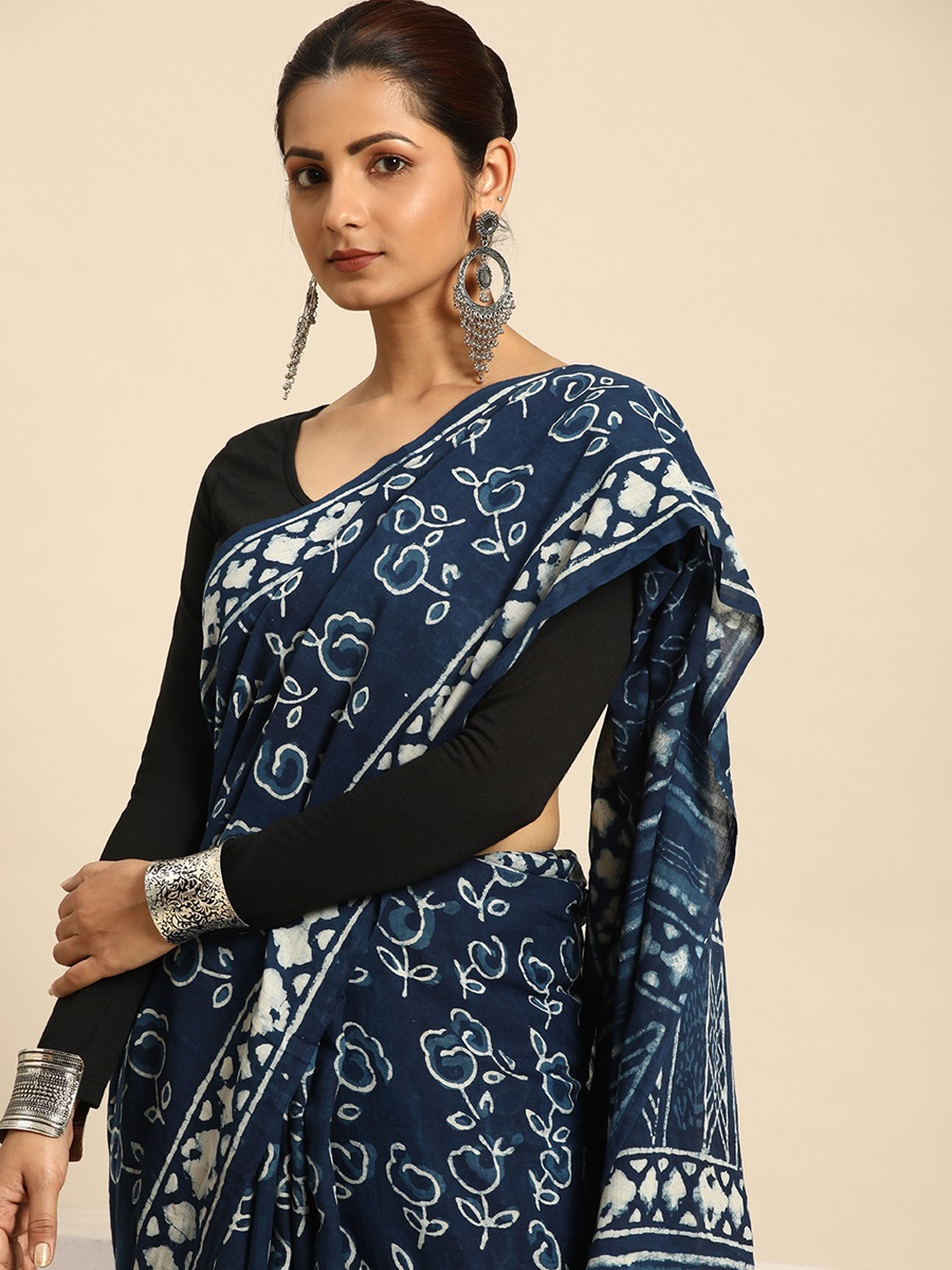 Indigo Cotton Printed Festival Casual Contemporary Sarees