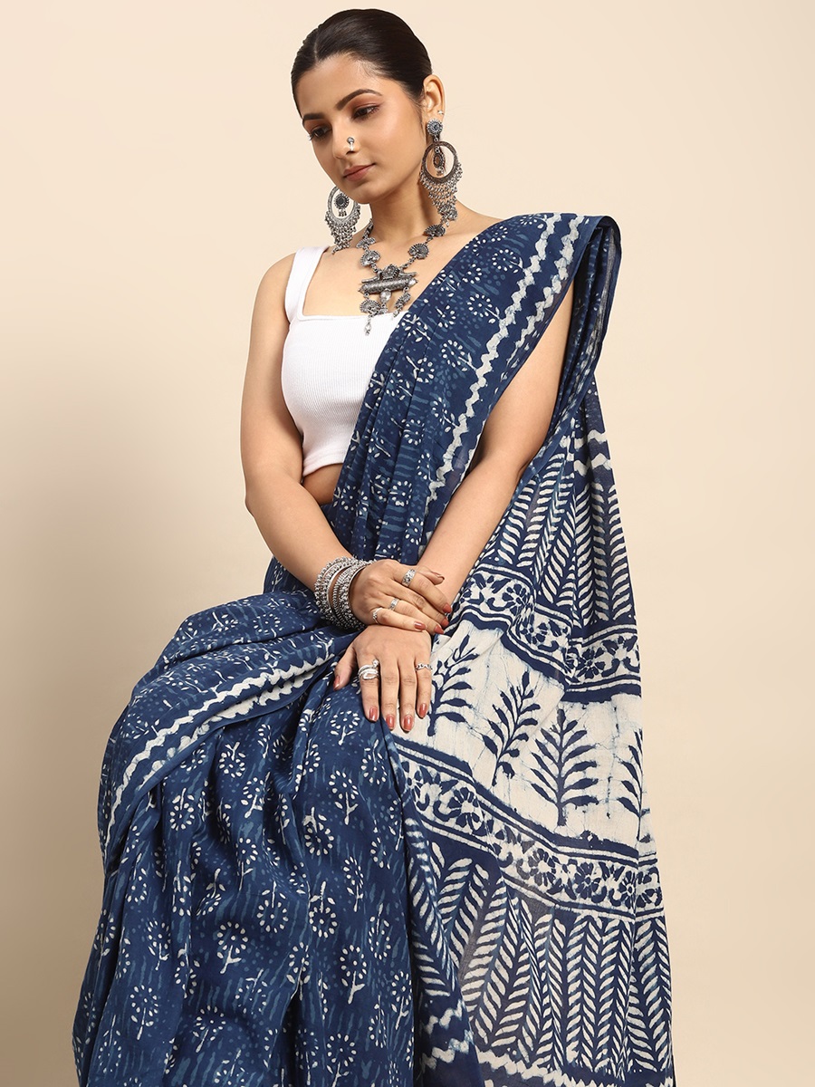 Indigo Cotton Printed Festival Casual Contemporary Sarees