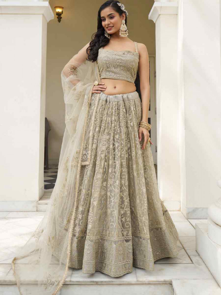 Image of Ivory Net Embroidered Wedding Reception Festival Heavy Border Lehenga Choli