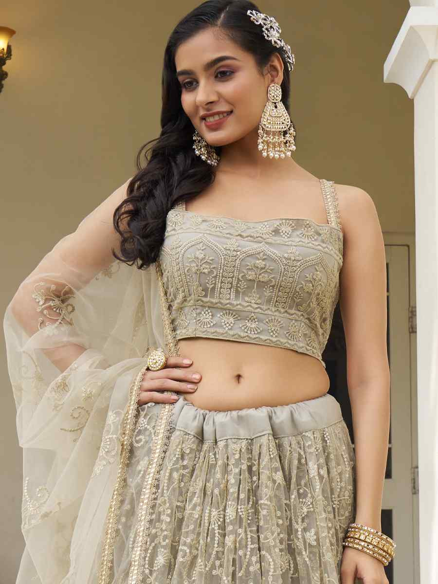 Ivory Net Embroidered Wedding Reception Festival Heavy Border Lehenga Choli