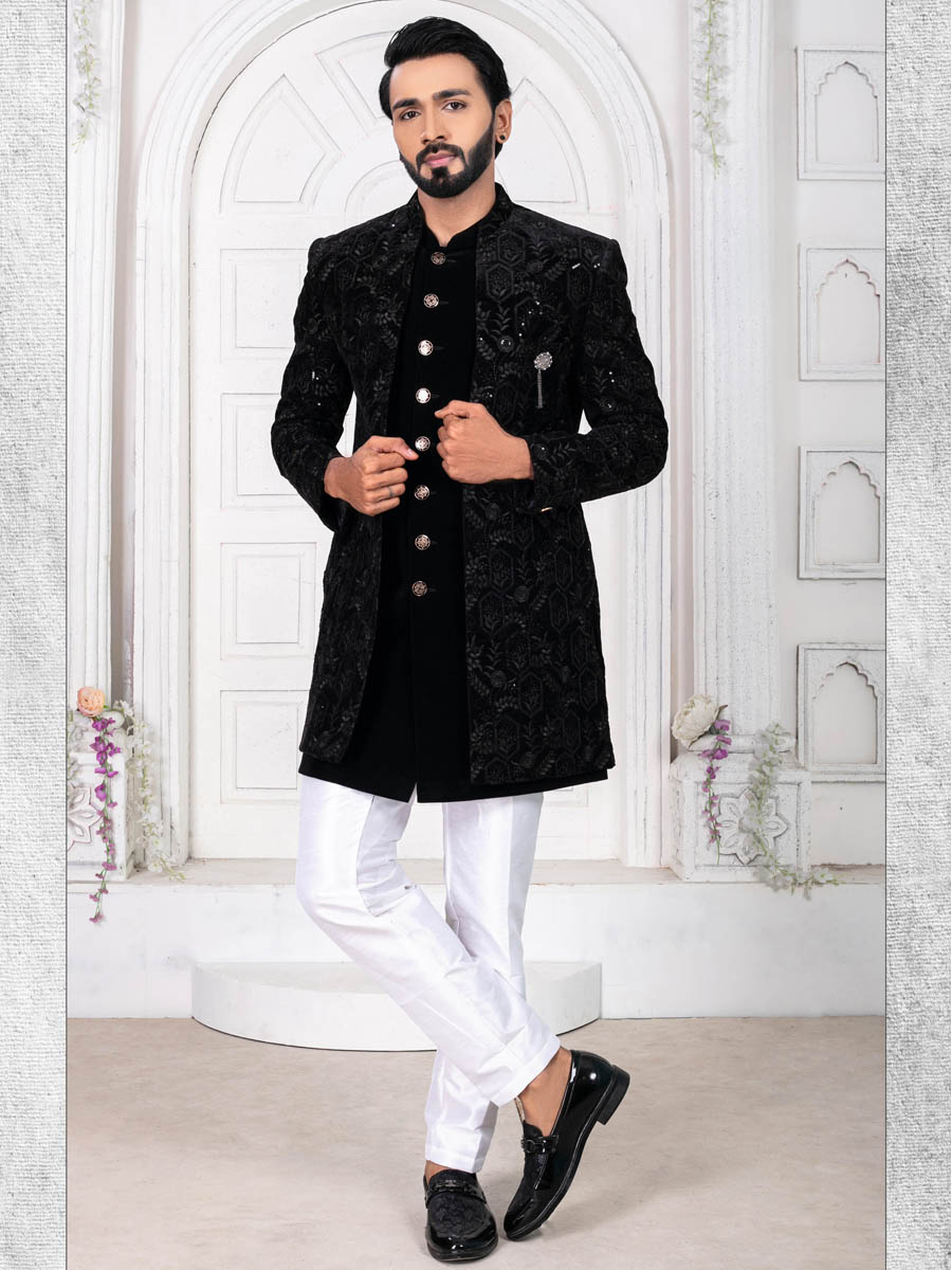 Jade Black Silk Embroidered Wedding Groom Sherwani