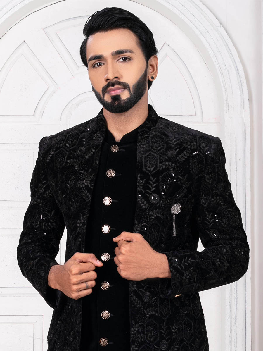 Jade Black Silk Embroidered Wedding Groom Sherwani