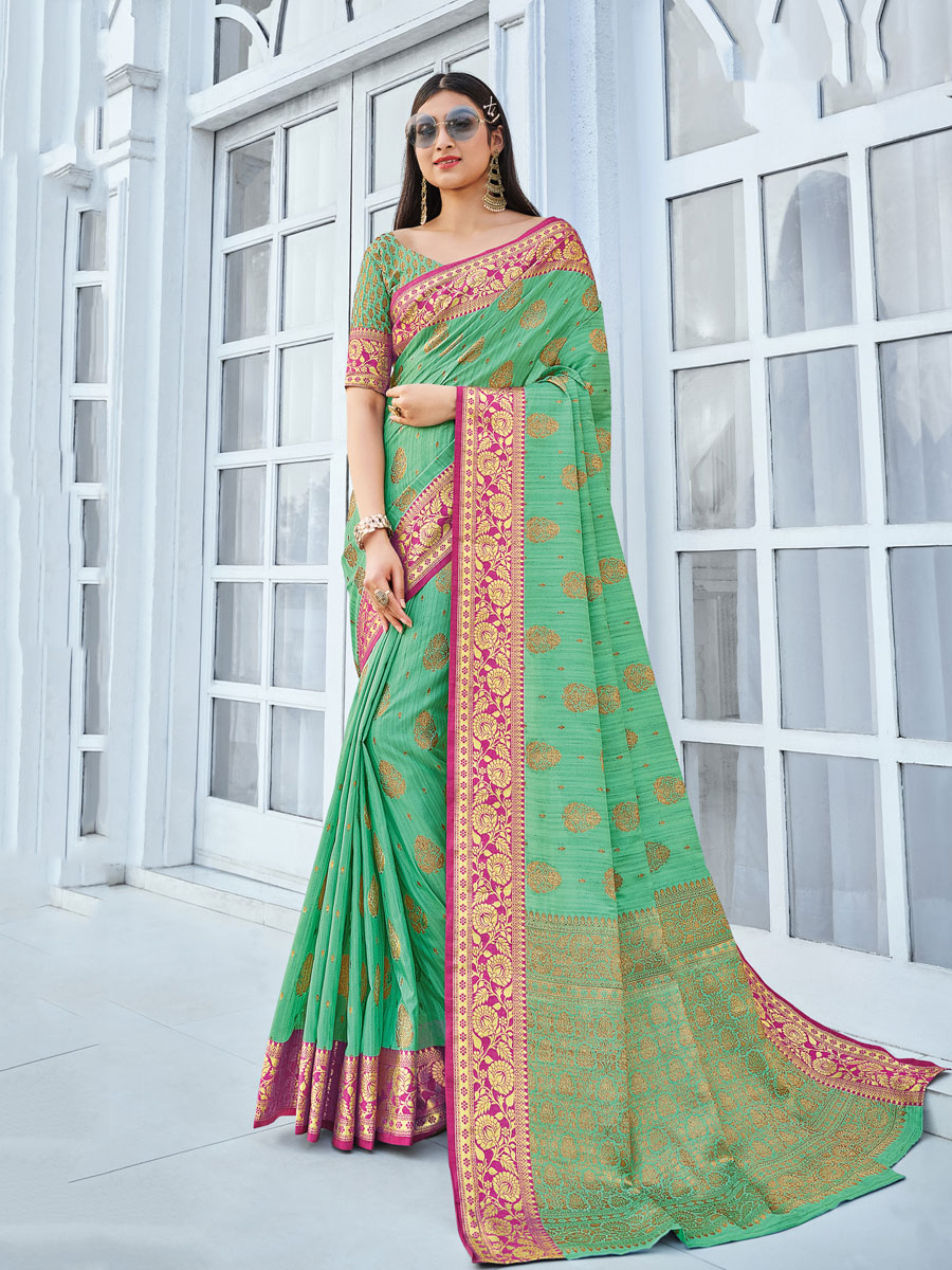 Jade Green Cotton Handwoven Festival Saree