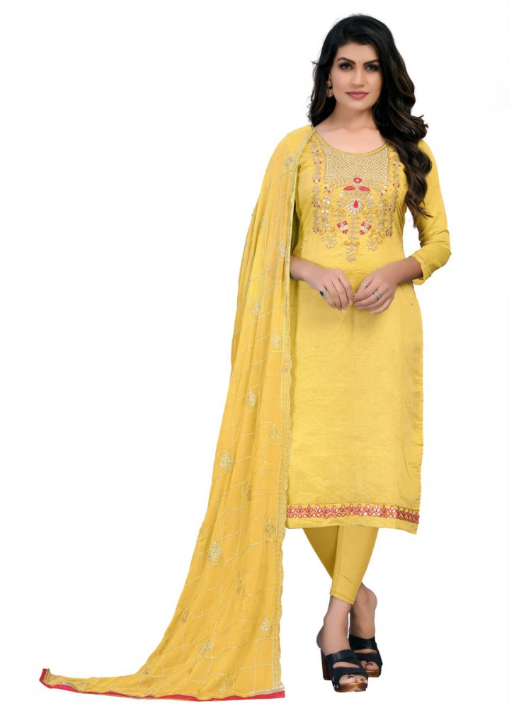 Jonquil Yellow Chanderi Cotton Embroidered Festival Churidar Kameez