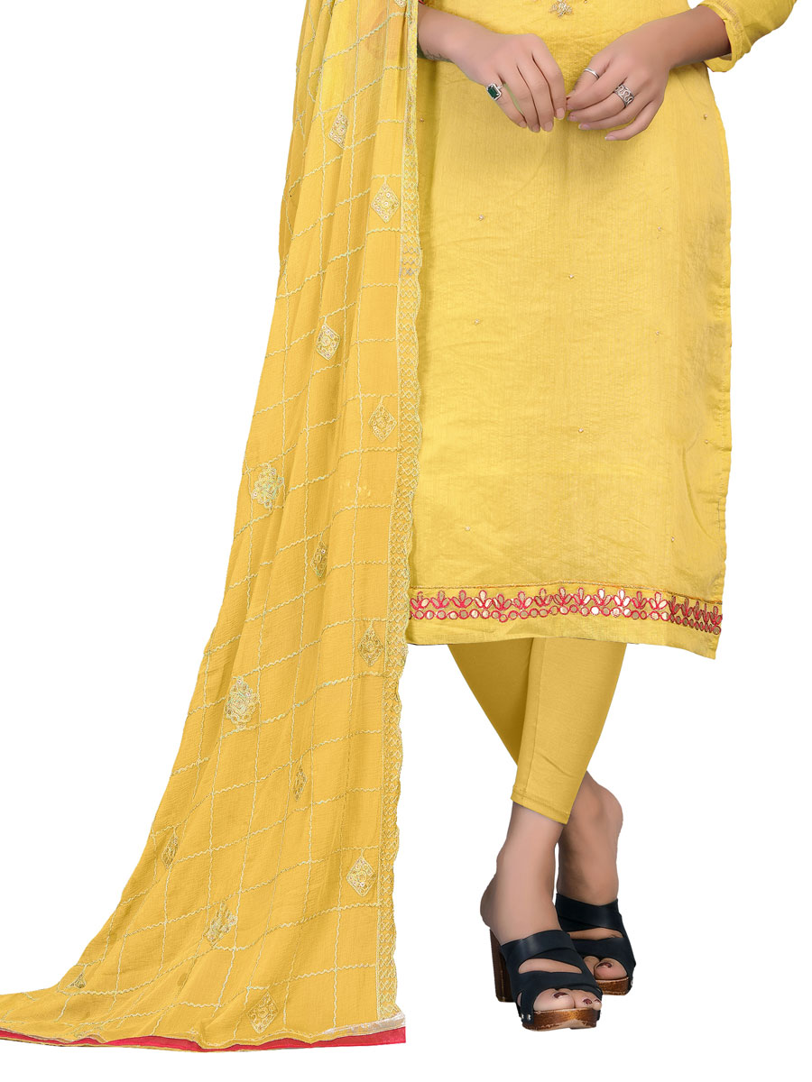 Jonquil Yellow Chanderi Cotton Embroidered Festival Churidar Kameez