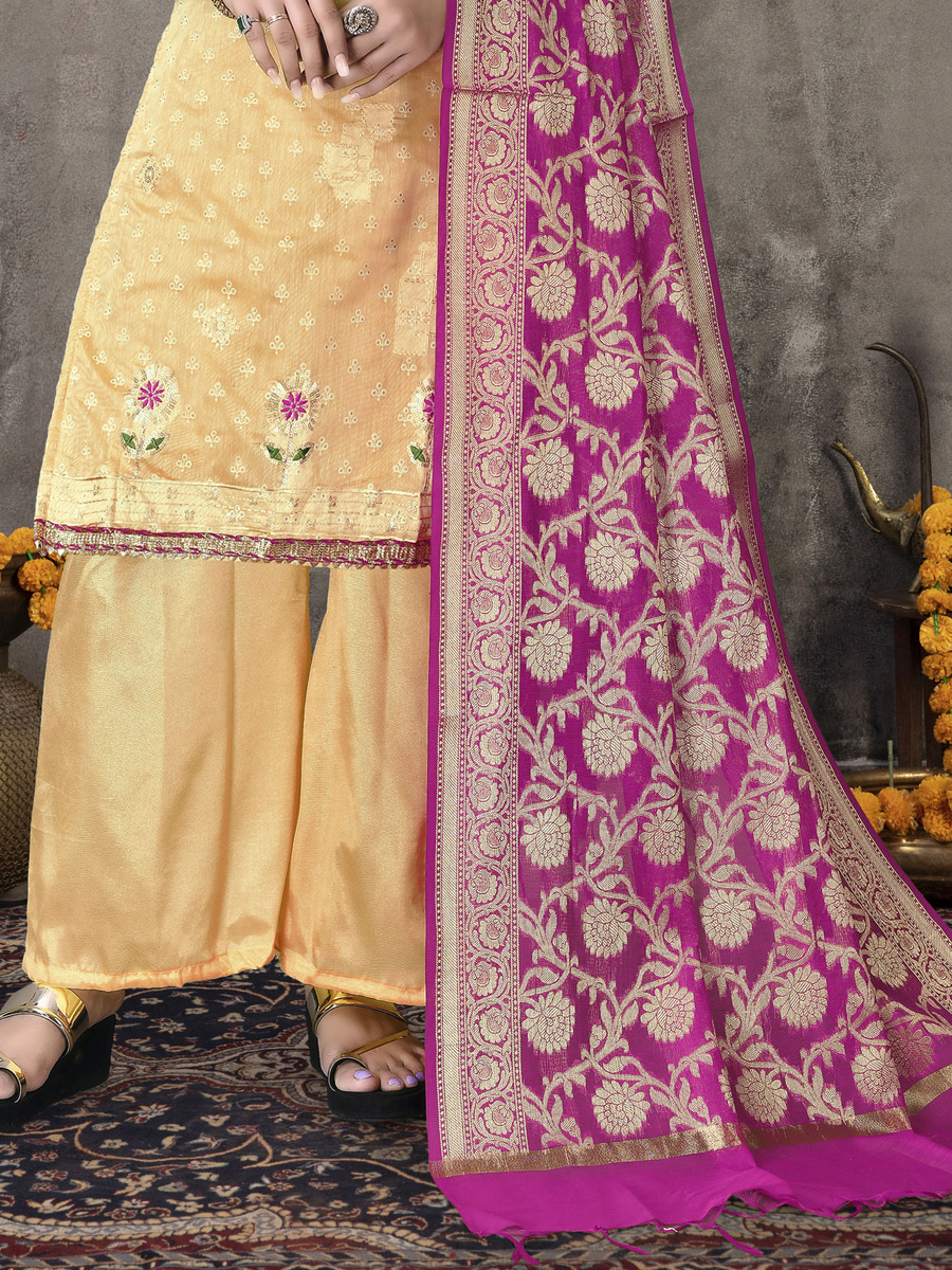 Jonquil Yellow Chanderi Cotton Embroidered Party Palazzo Pant Kameez