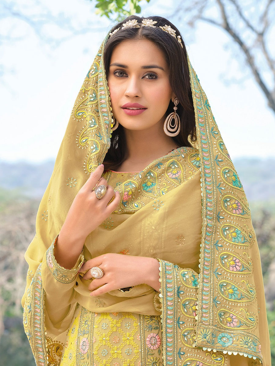 Jonquil Yellow Chinon Georgette Embroidered Party Palazzo Pant Kameez