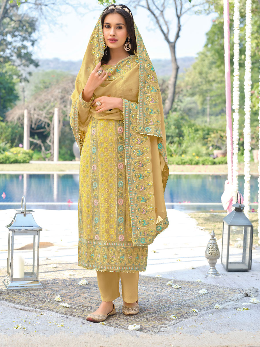 Jonquil Yellow Chinon Georgette Embroidered Party Palazzo Pant Kameez