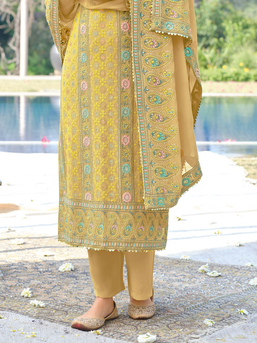 Jonquil Yellow Chinon Georgette Embroidered Party Palazzo Pant Kameez