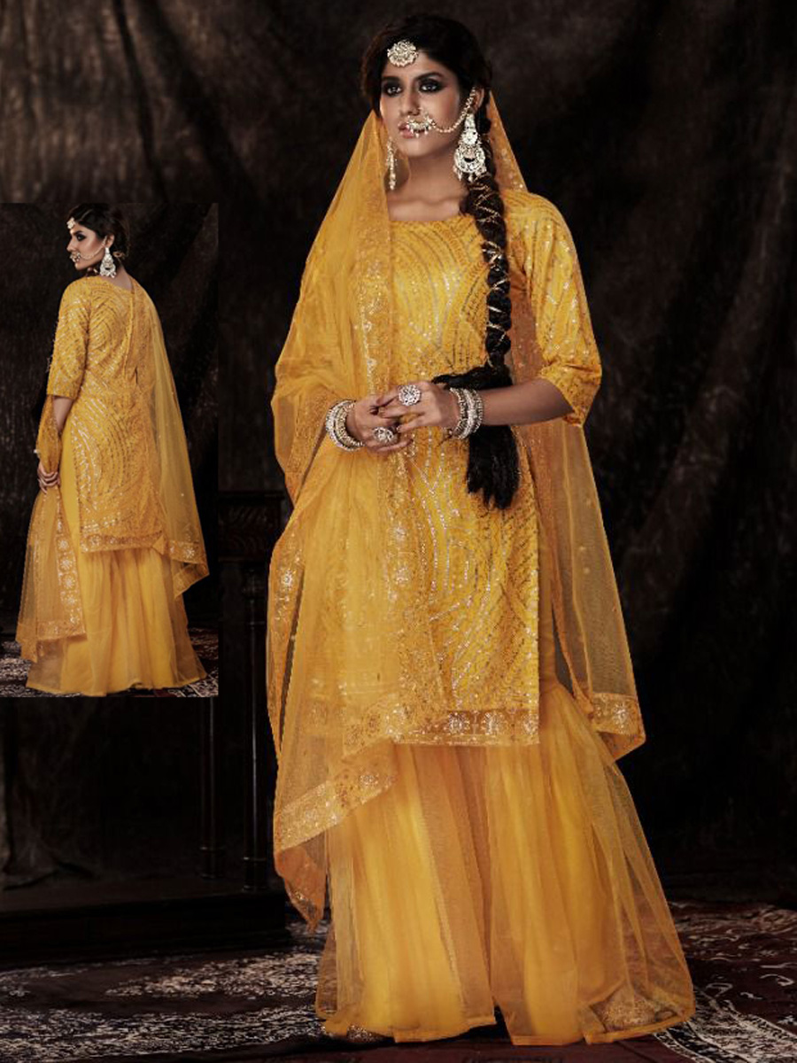 Jonquil Yellow Net Embroidered Party Palazzo Pant Kameez