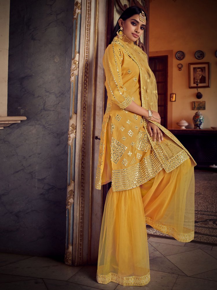 Jonquil Yellow Organza Embroidered Party Sharara Pant Kameez