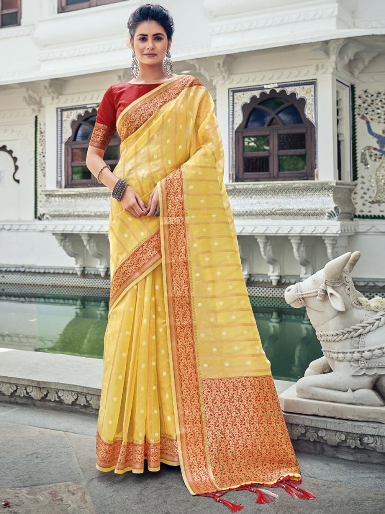 Jonquil Yellow Organza Handwoven Party Saree