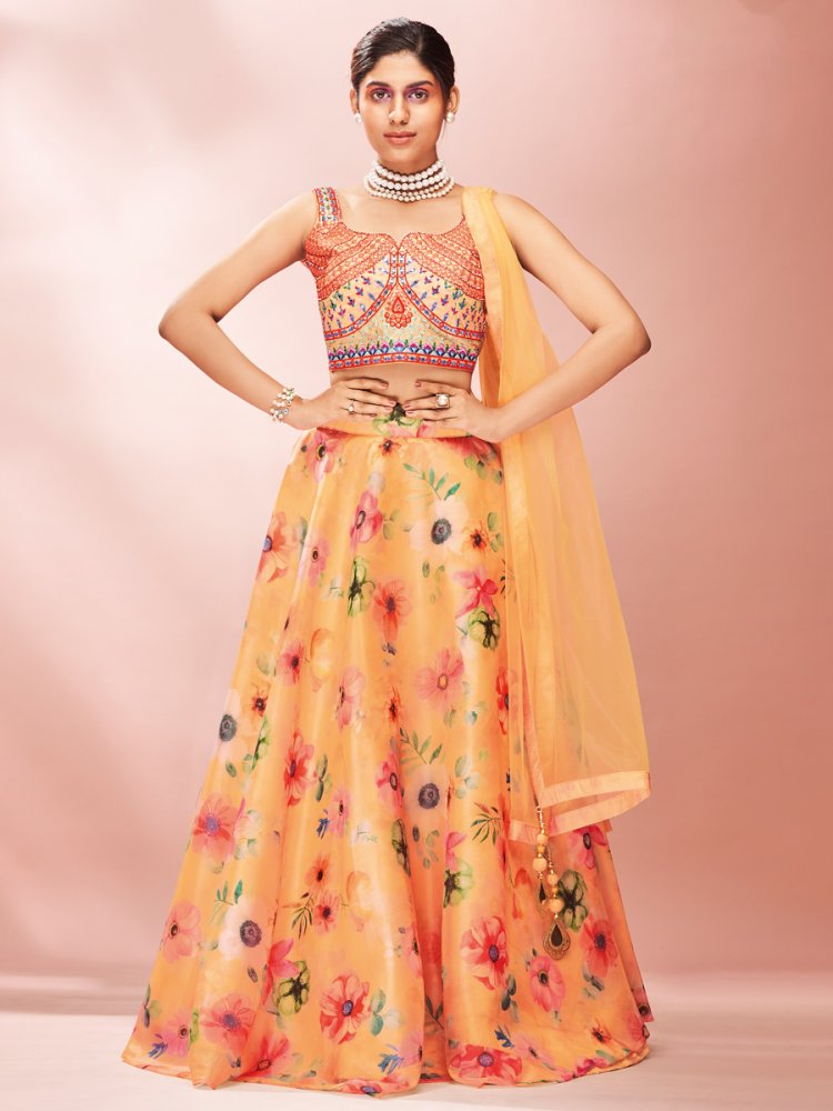 Jonquil Yellow Organza Printed Party Lehenga Choli