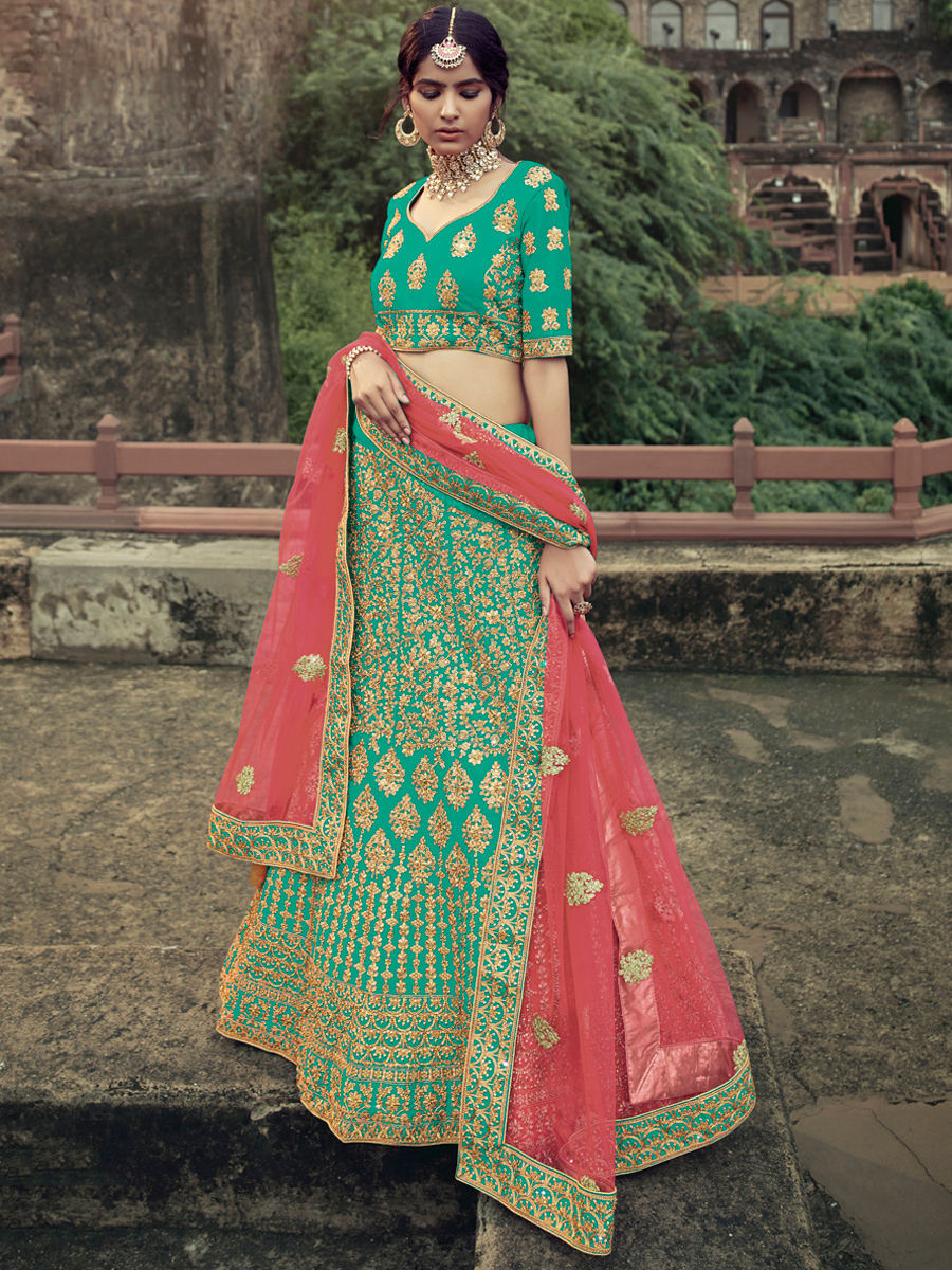 Jungle Green Satin Embroidered Bridal Lehenga Choli