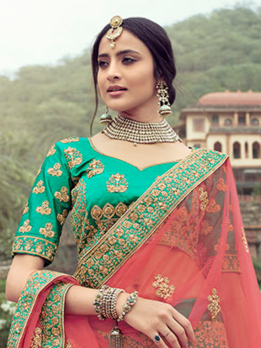 Jungle Green Satin Embroidered Bridal Lehenga Choli