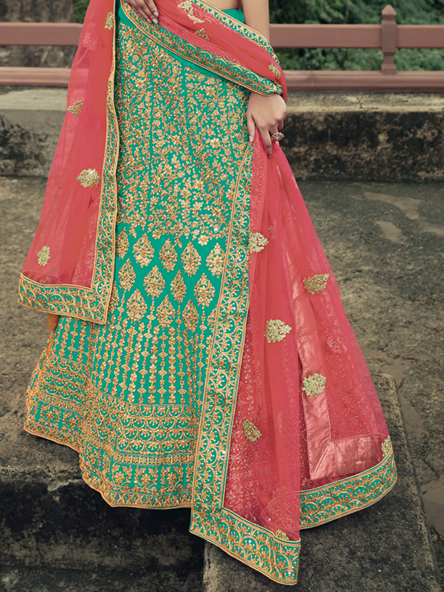 Jungle Green Satin Embroidered Bridal Lehenga Choli