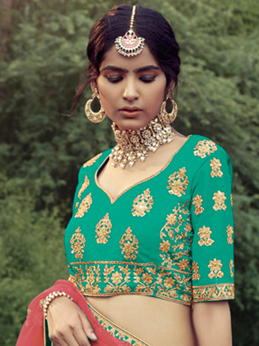 Jungle Green Satin Embroidered Bridal Lehenga Choli