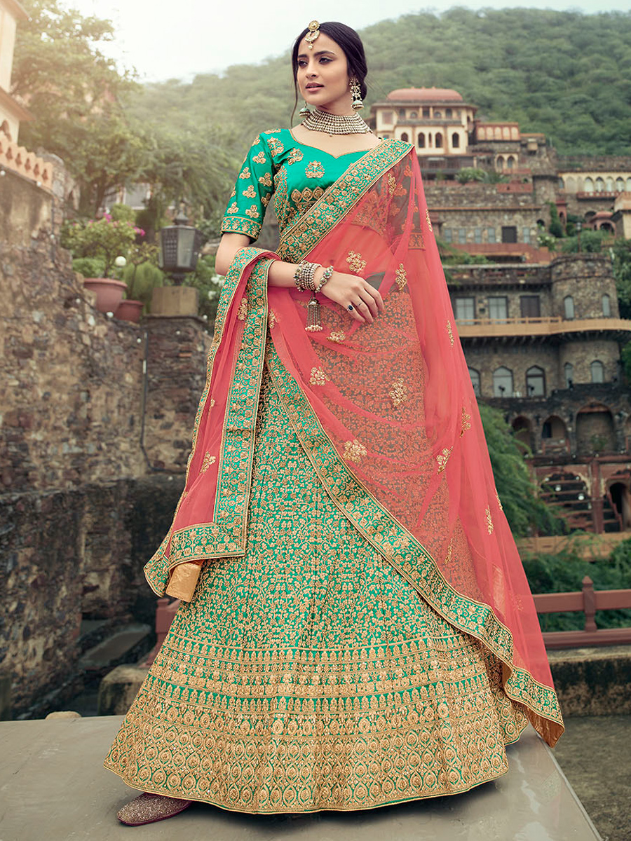 Jungle Green Satin Embroidered Bridal Lehenga Choli