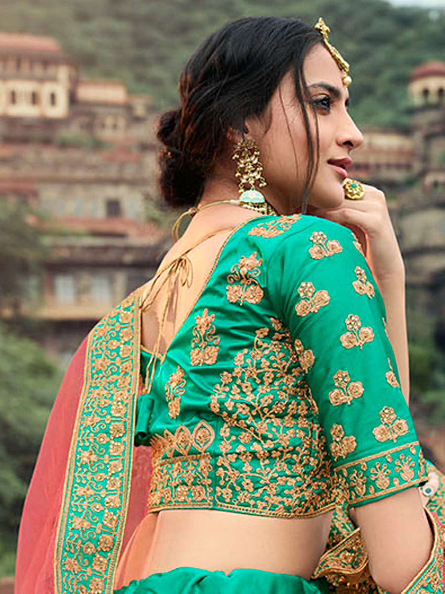 Jungle Green Satin Embroidered Bridal Lehenga Choli