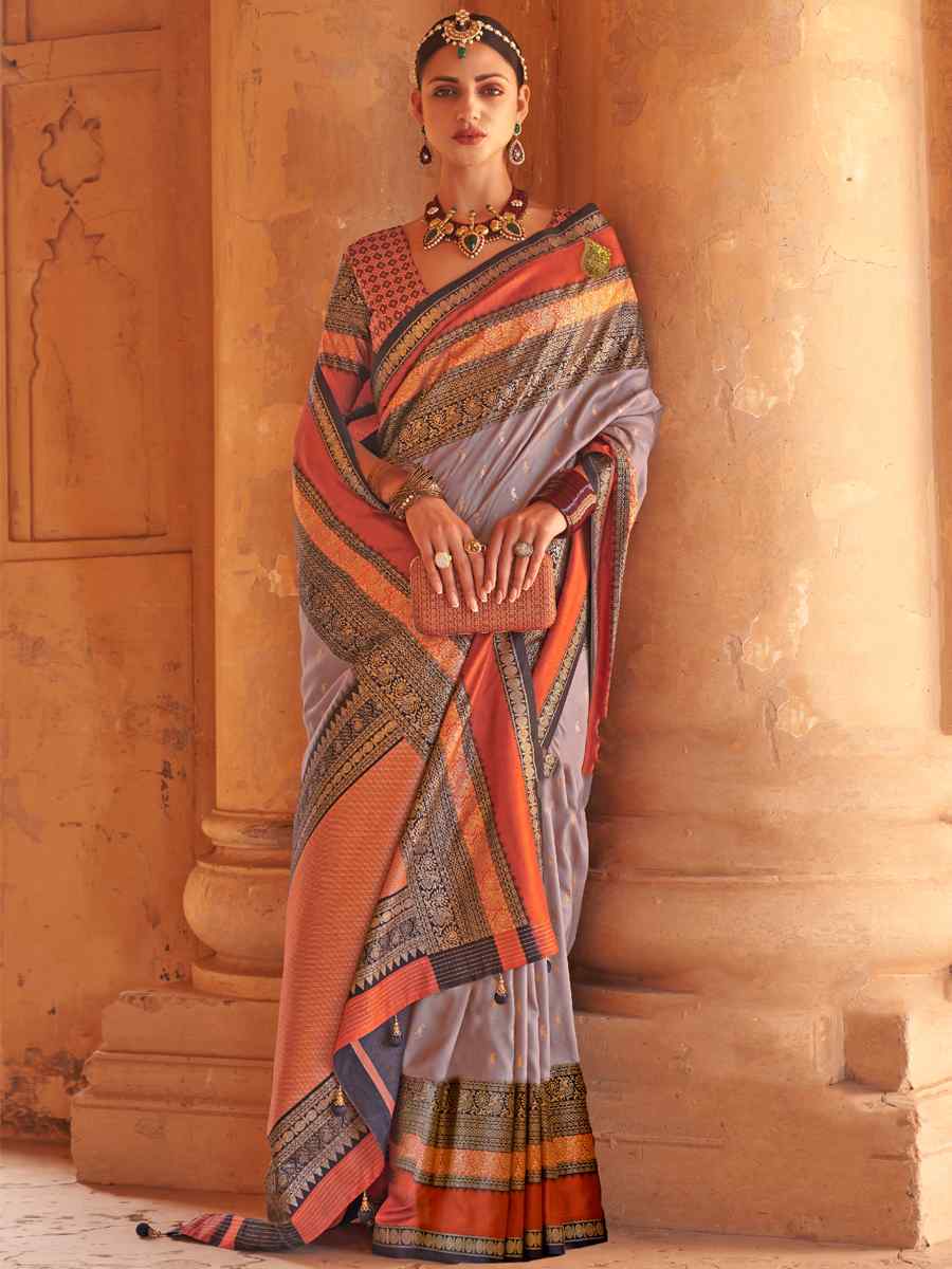 Kabul Grey V B Silk Handwoven Casual Festival Classic Style Saree