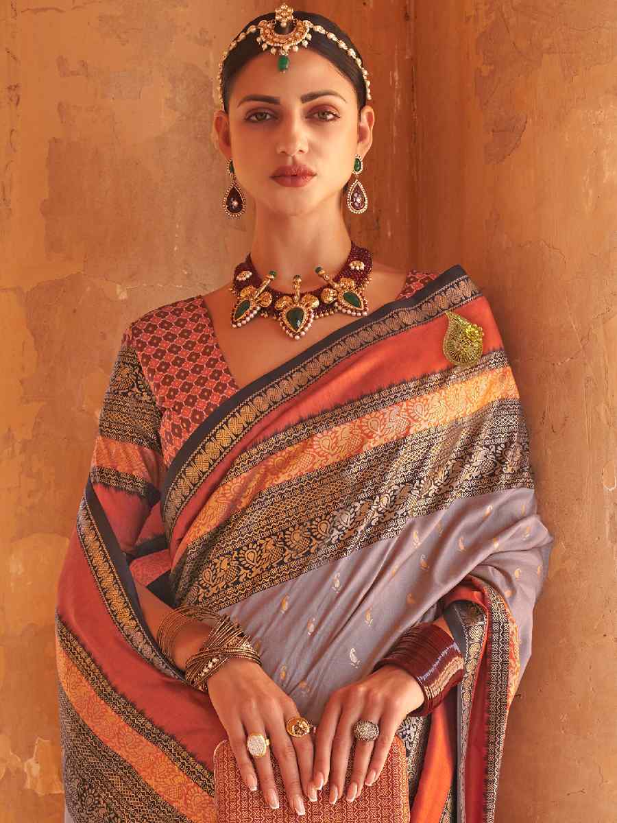 Kabul Grey V B Silk Handwoven Casual Festival Classic Style Saree