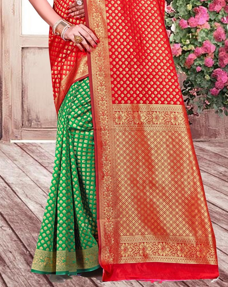 Rose Madder Red and Dark Green Banarasi Silk Handwoven Festival Saree