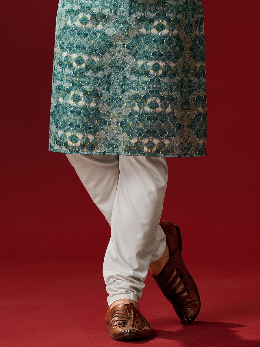 Green Cotton Printed Festival Kurta