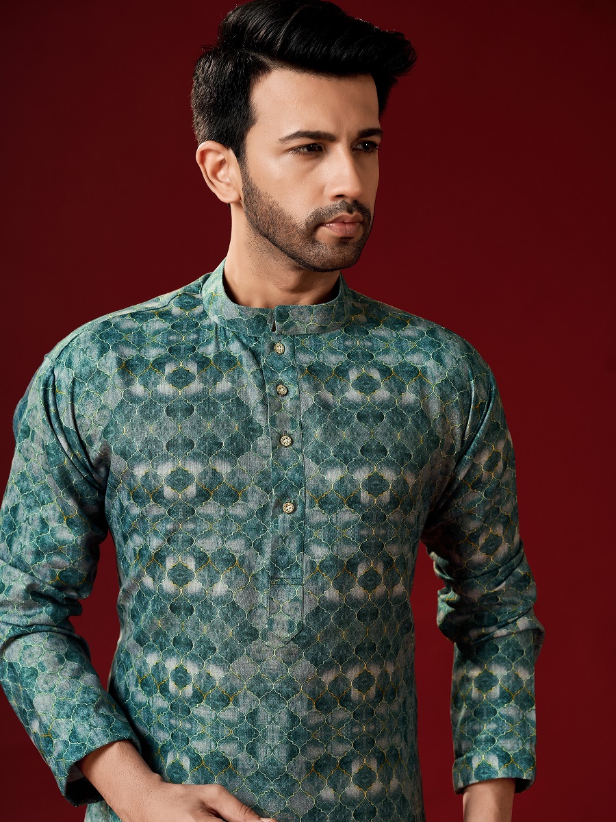 Green Cotton Printed Festival Kurta