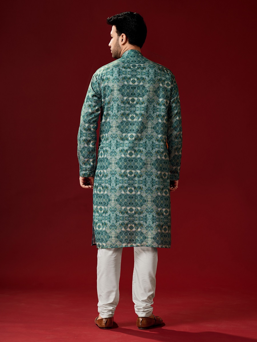 Green Cotton Printed Festival Kurta