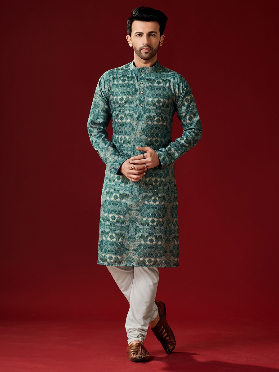 Green Cotton Printed Festival Kurta