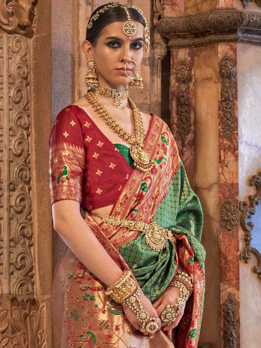 Laurel Green Banarasi Silk Handwoven Wedding Festival Heavy Border Saree