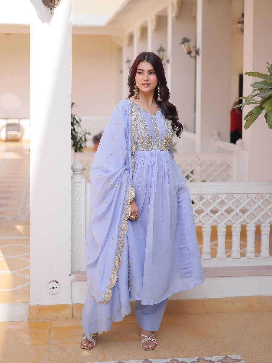 Lavendar Chanderi Embroidery Sequins Zari Stone Work Festival Party Wedding Casual Ready Anarkali Pant Salwar Kameez