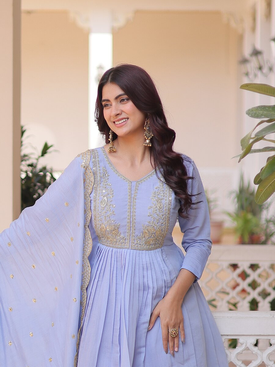 Lavendar Chanderi Embroidery Sequins Zari Stone Work Festival Party Wedding Casual Ready Anarkali Pant Salwar Kameez