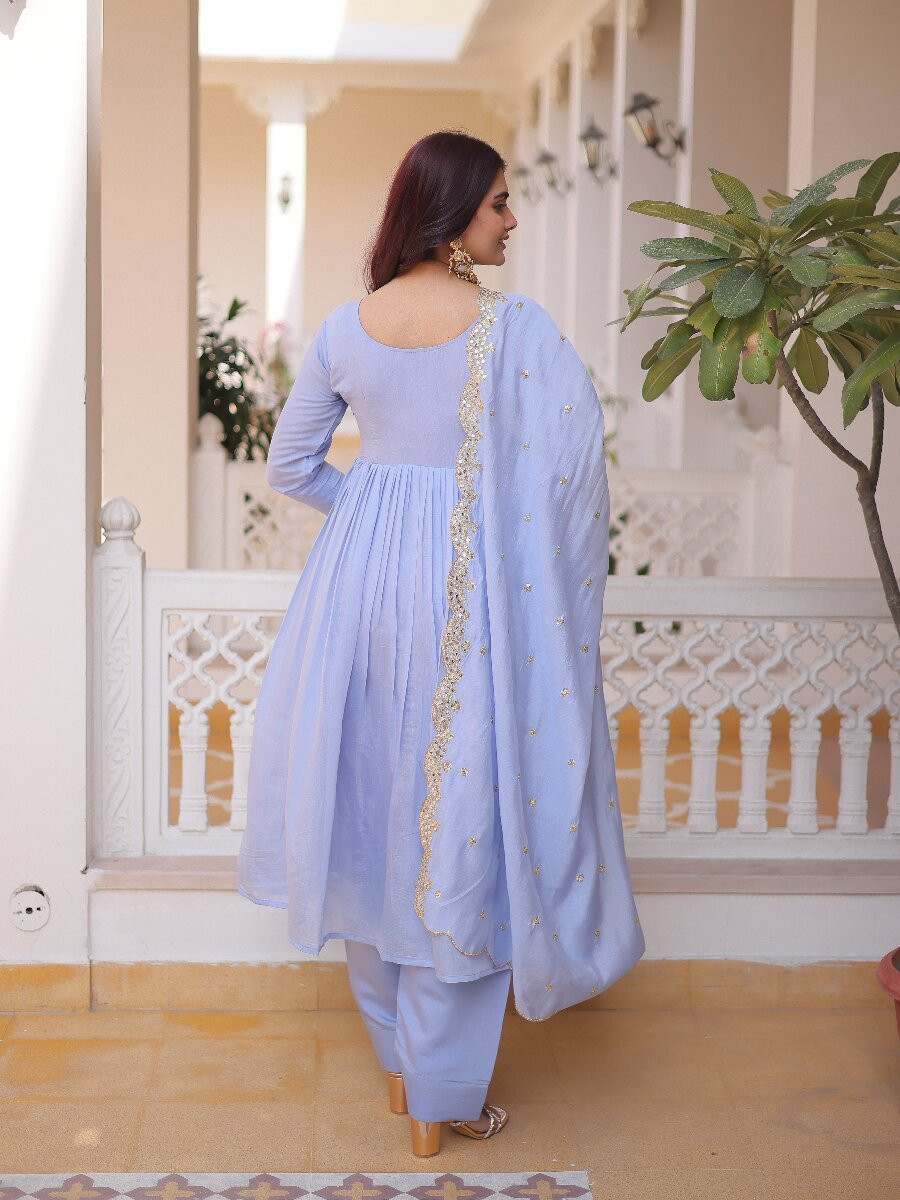 Lavendar Chanderi Embroidery Sequins Zari Stone Work Festival Party Wedding Casual Ready Anarkali Pant Salwar Kameez
