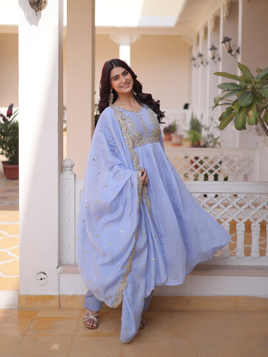 Lavendar Chanderi Embroidery Sequins Zari Stone Work Festival Party Wedding Casual Ready Anarkali Pant Salwar Kameez