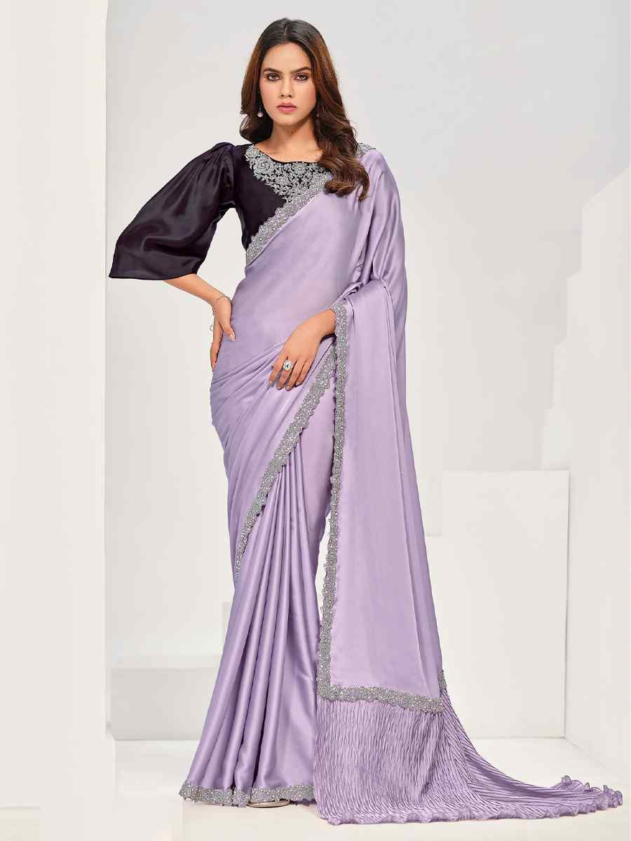 Lavendar Crepe Satin Silk Embroidered Festival Wedding Fancy Heavy Border Saree
