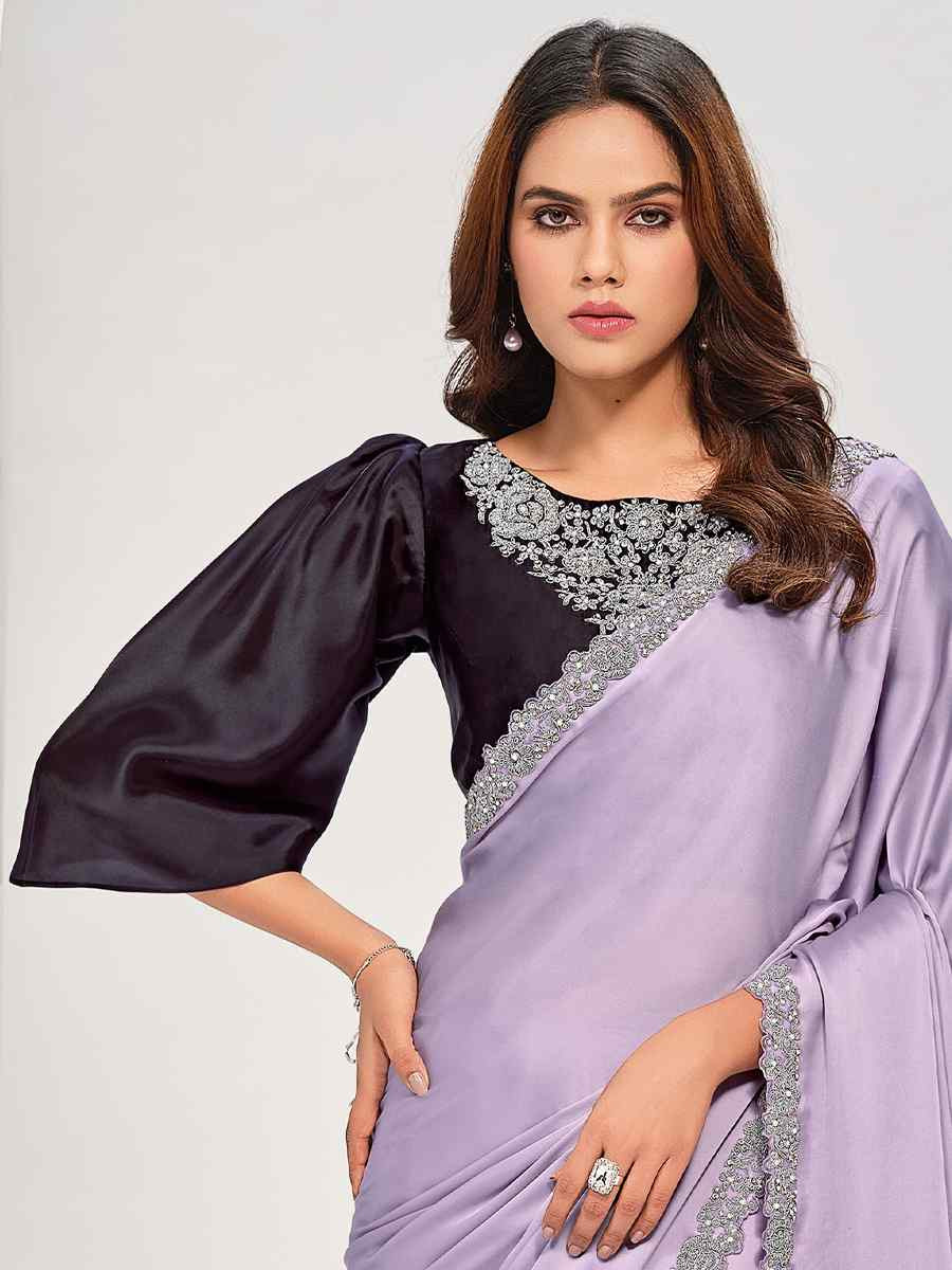 Lavendar Crepe Satin Silk Embroidered Festival Wedding Fancy Heavy Border Saree