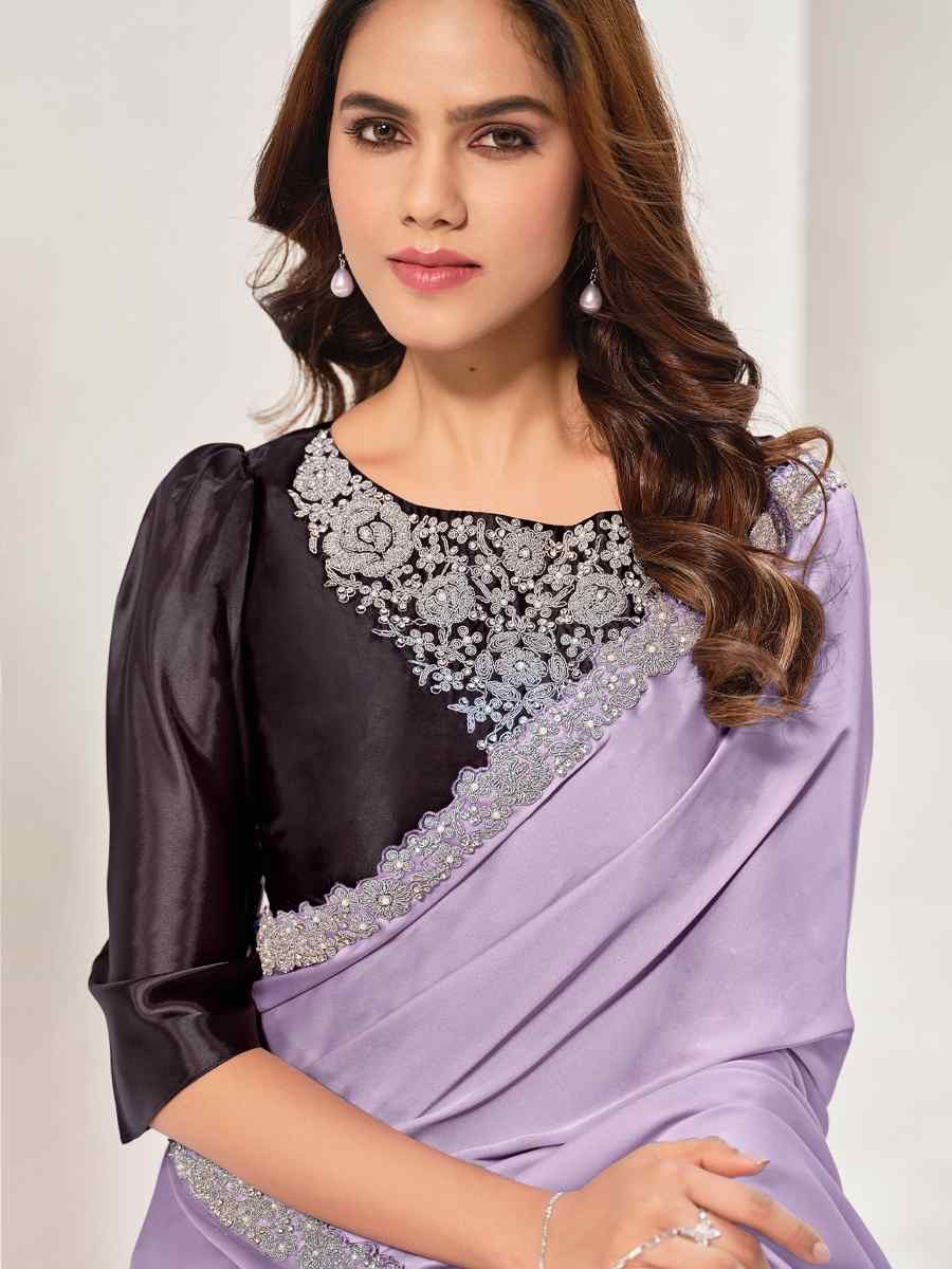 Lavendar Crepe Satin Silk Embroidered Festival Wedding Fancy Heavy Border Saree