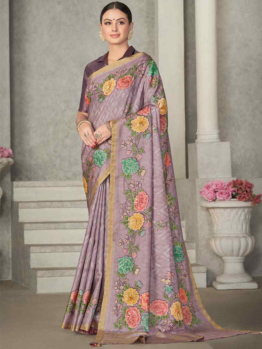 Lavendar Rangkat Tussar Silk Embroidered Party Festival Classic Style Saree